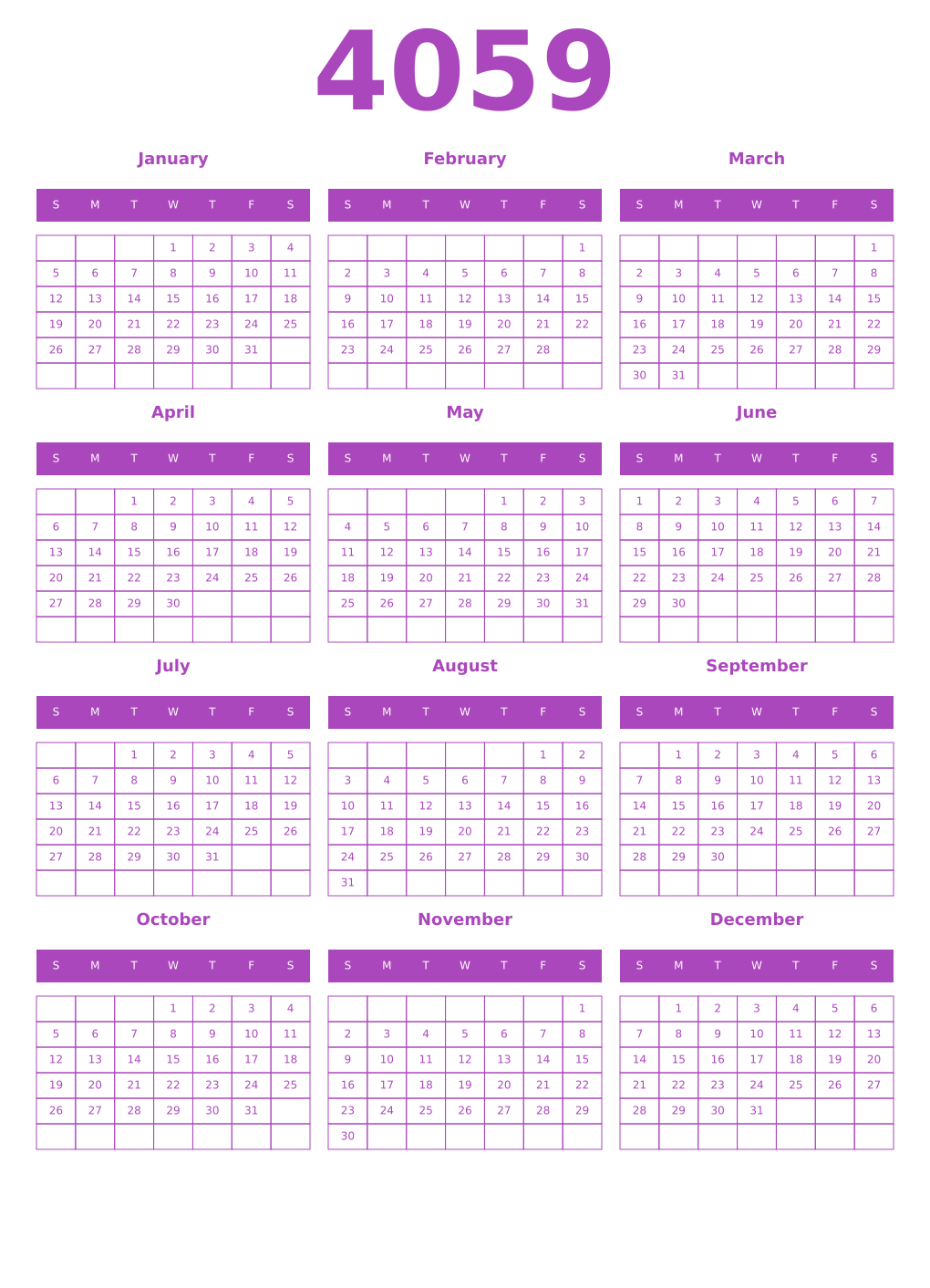 Printable 4059 Year Calendars purple