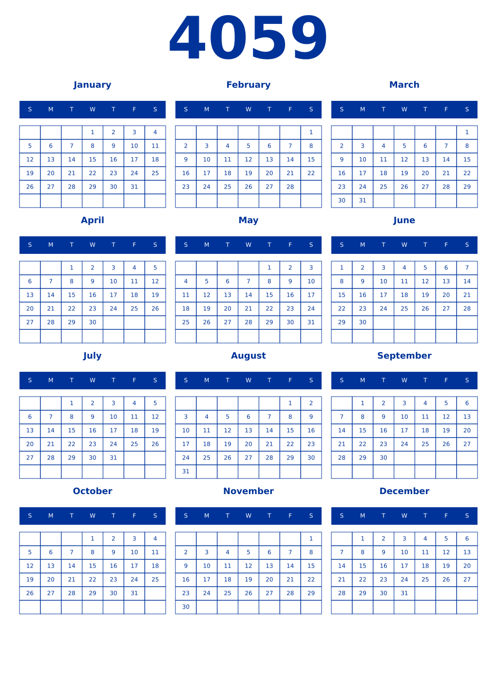 Printable 4059 Year Calendars smalt