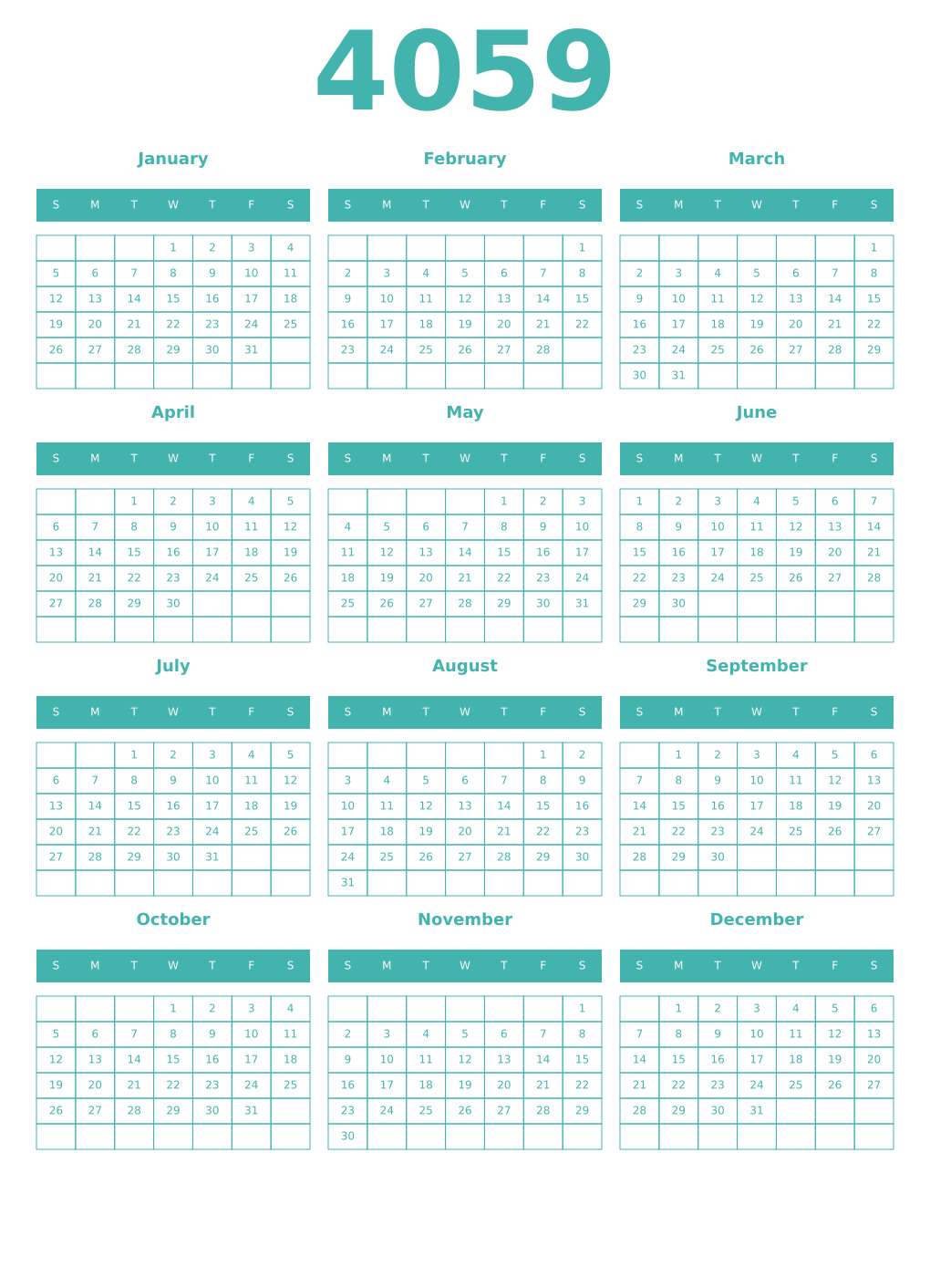 Printable 4059 Year Calendars verdigris
