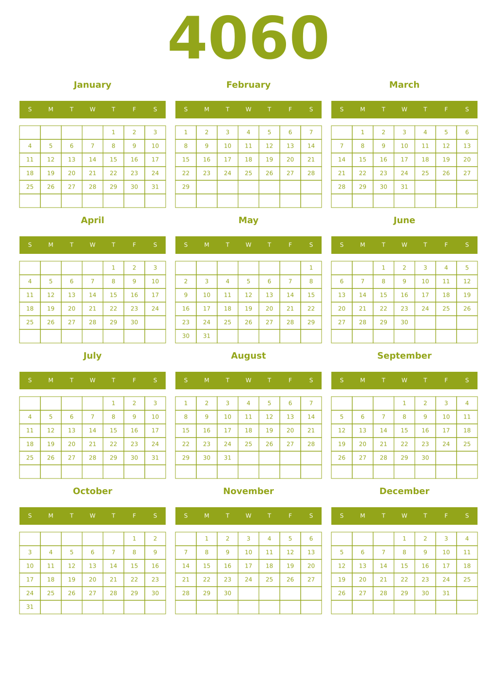 Printable 4060 Year Calendars chartreuse