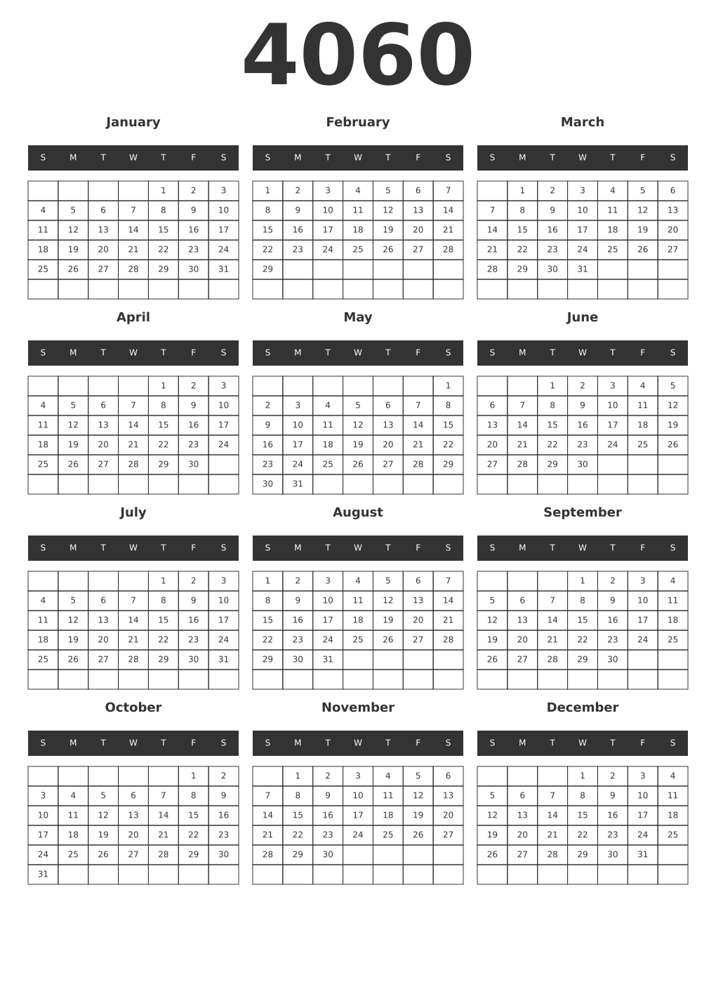 Printable 4060 Year Calendars dark