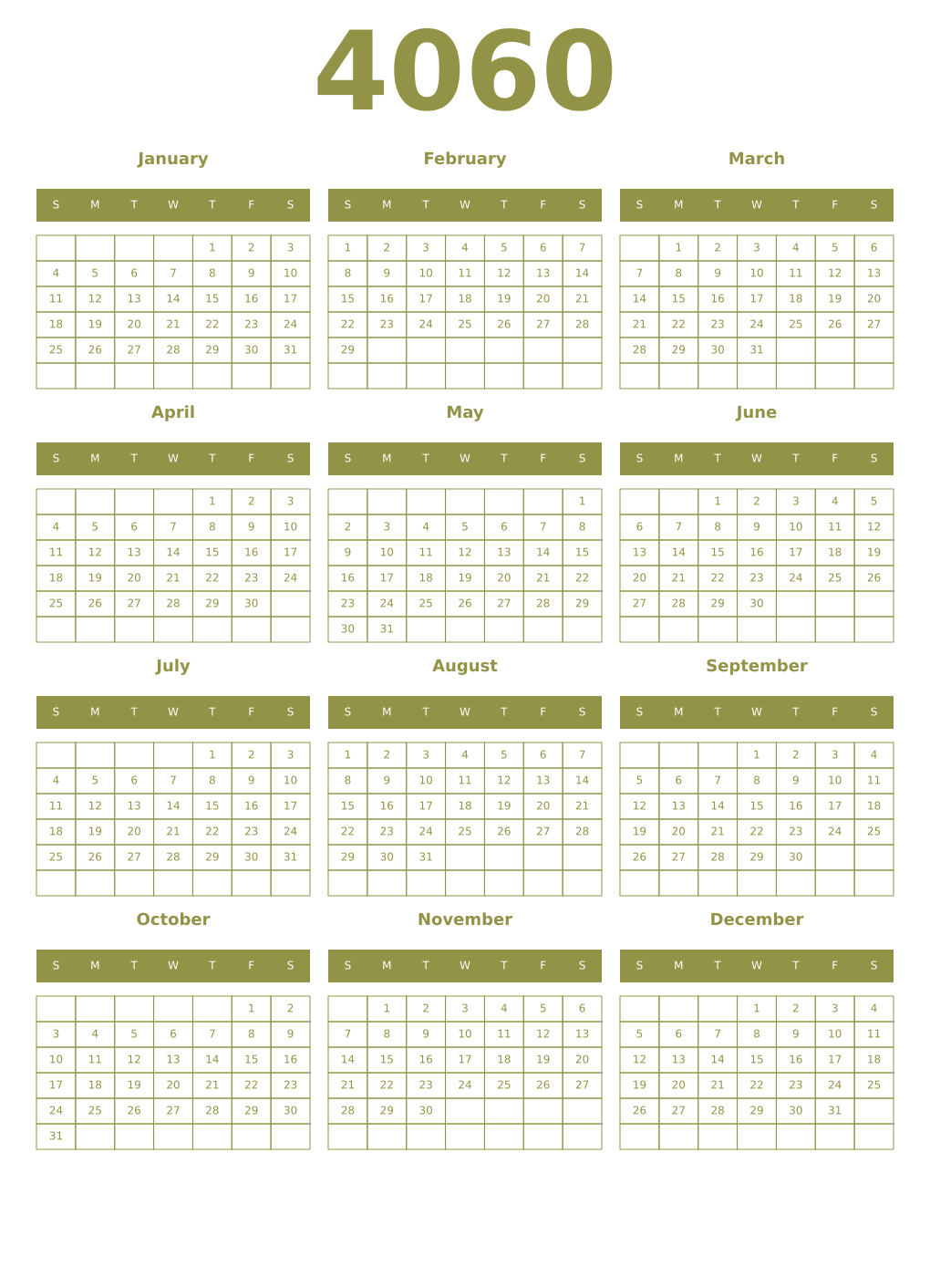 Printable 4060 Year Calendars eburnean