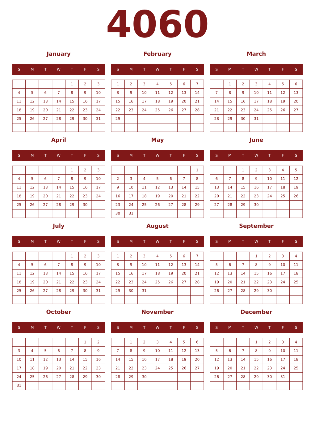 Printable 4060 Year Calendars falu
