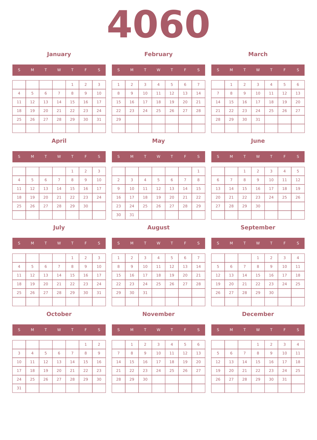 Printable 4060 Year Calendars puce