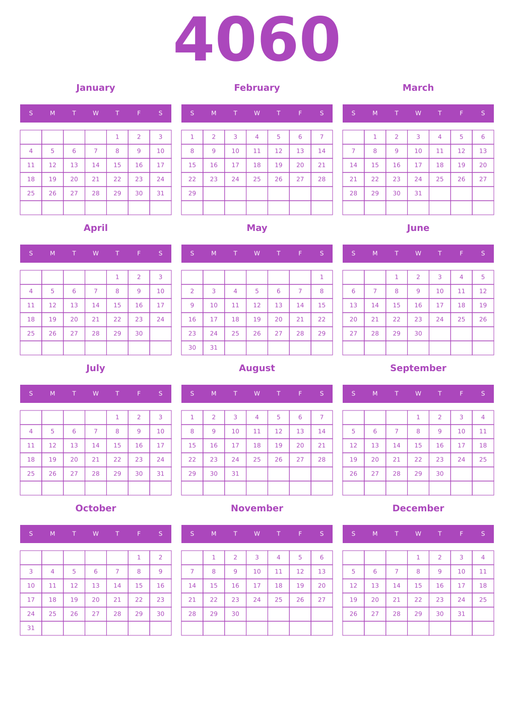 Printable 4060 Year Calendars purple