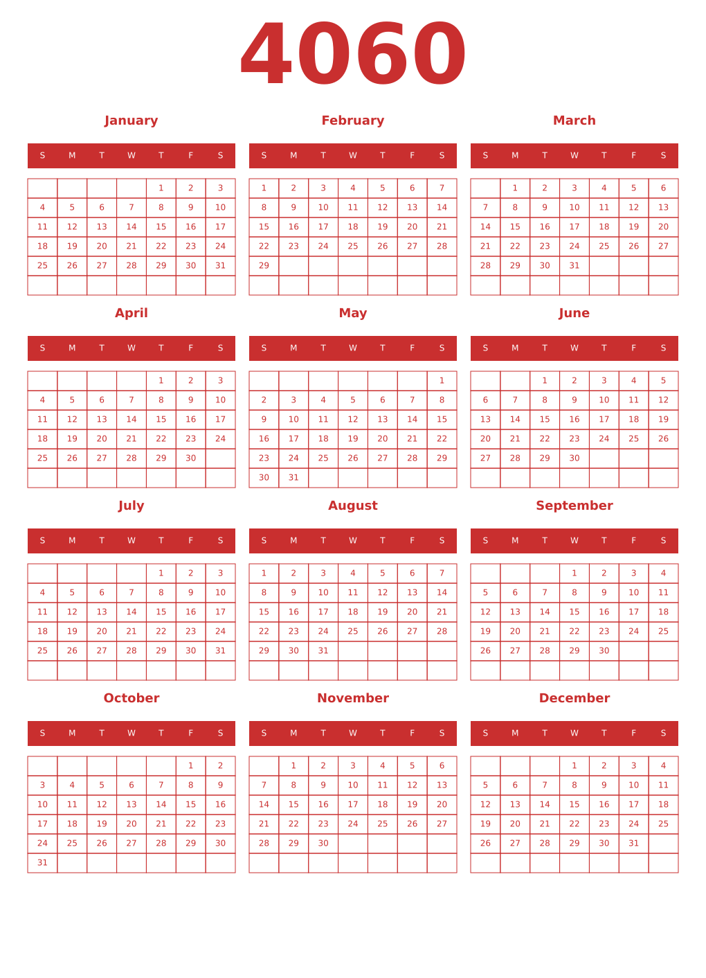 Printable 4060 Year Calendars red