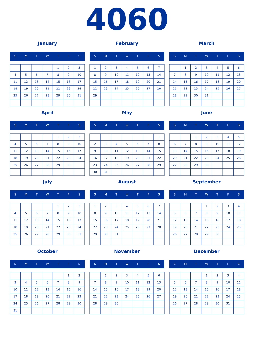 Printable 4060 Year Calendars smalt