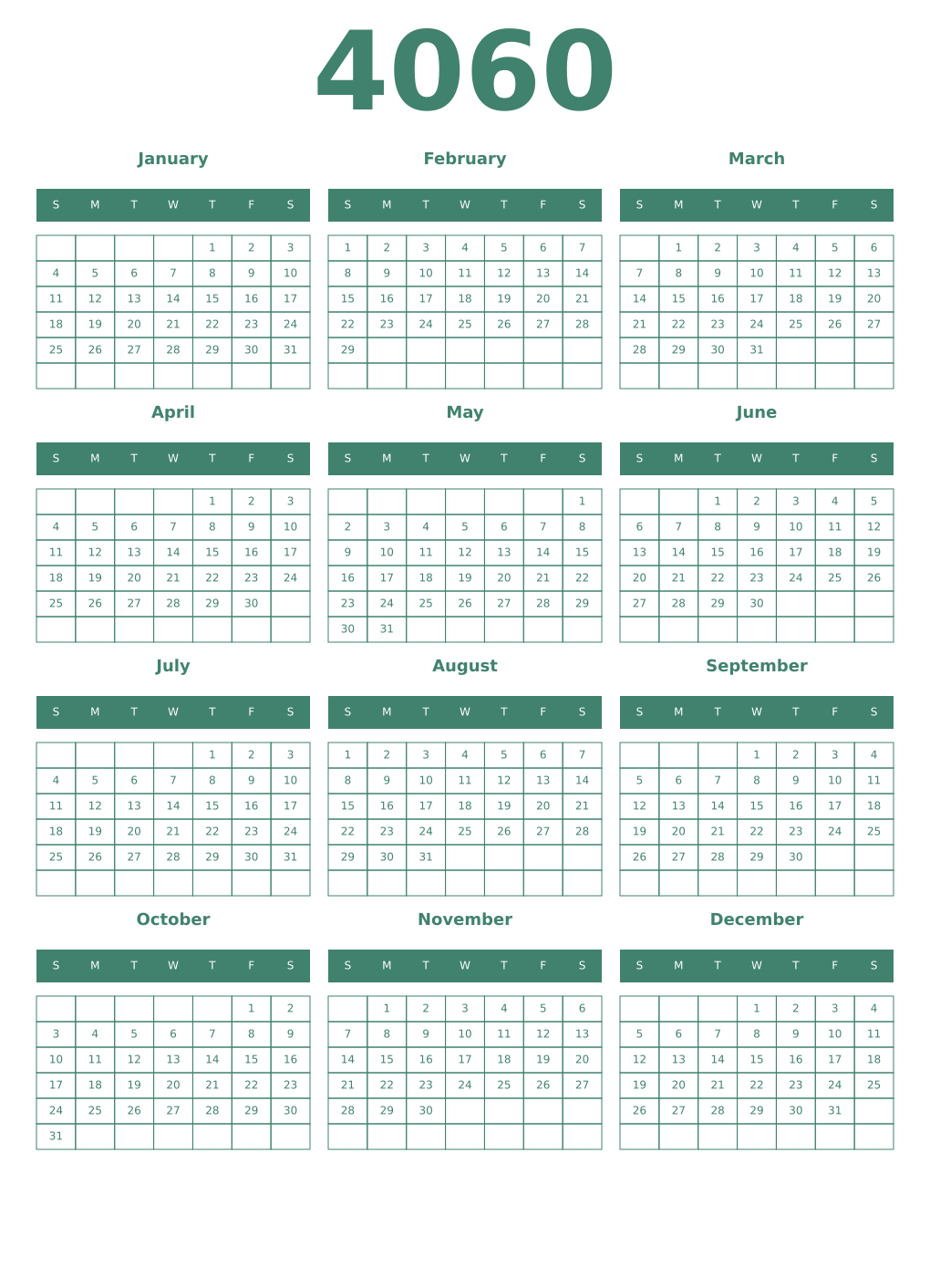 Printable 4060 Year Calendars viridian