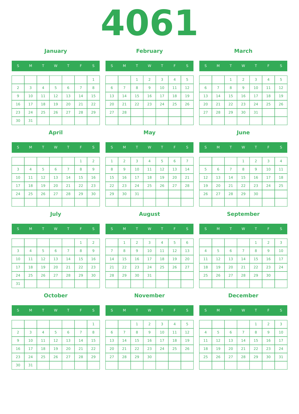 Printable 4061 Year Calendars green