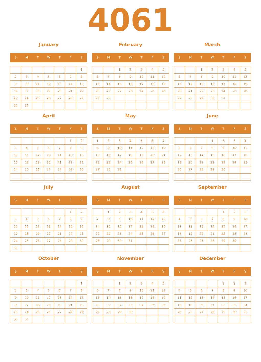 Printable 4061 Year Calendars orange