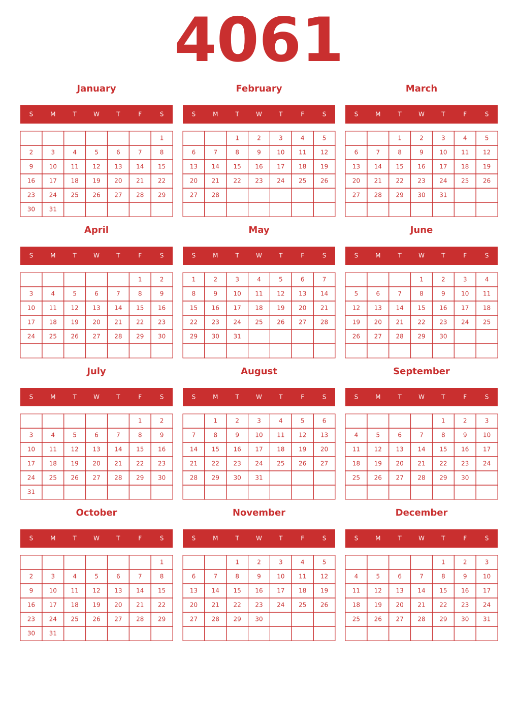 Printable 4061 Year Calendars red