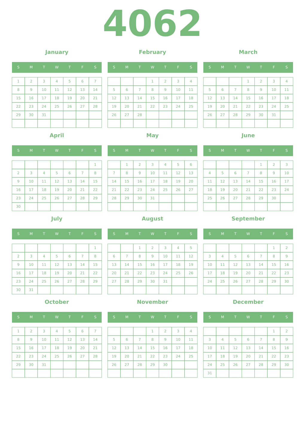 Printable 4062 Year Calendars celadon
