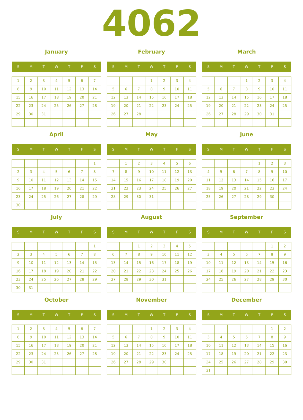 Printable 4062 Year Calendars chartreuse