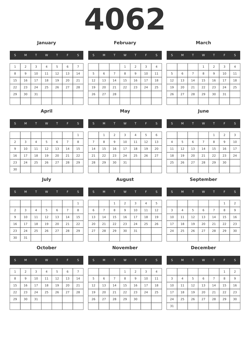 Printable 4062 Year Calendars dark