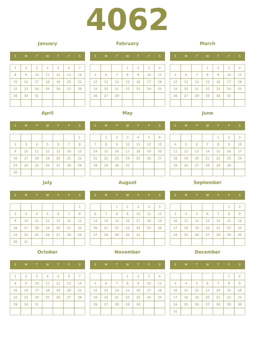 Printable 4062 Year Calendars eburnean