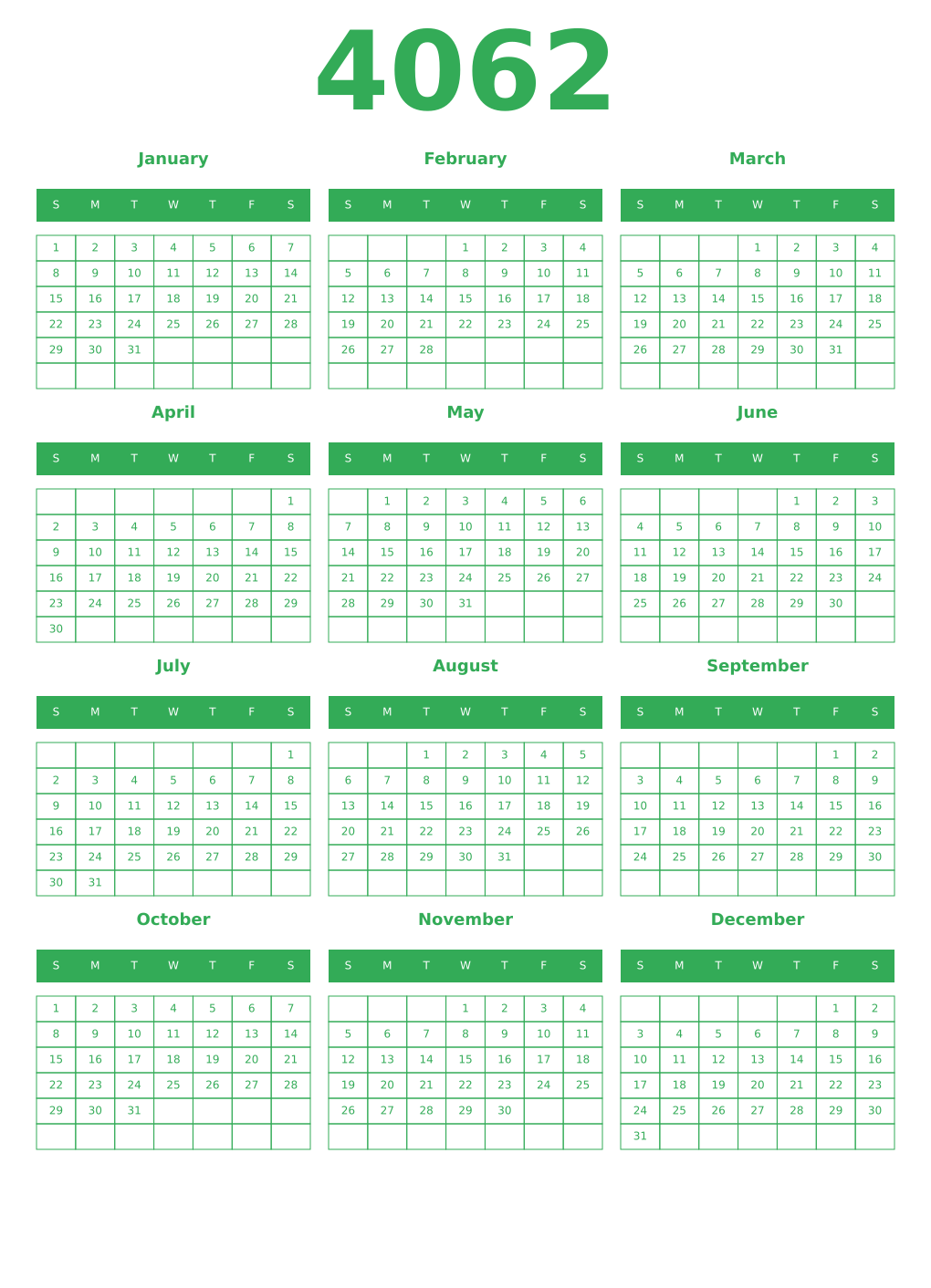 Printable 4062 Year Calendars green