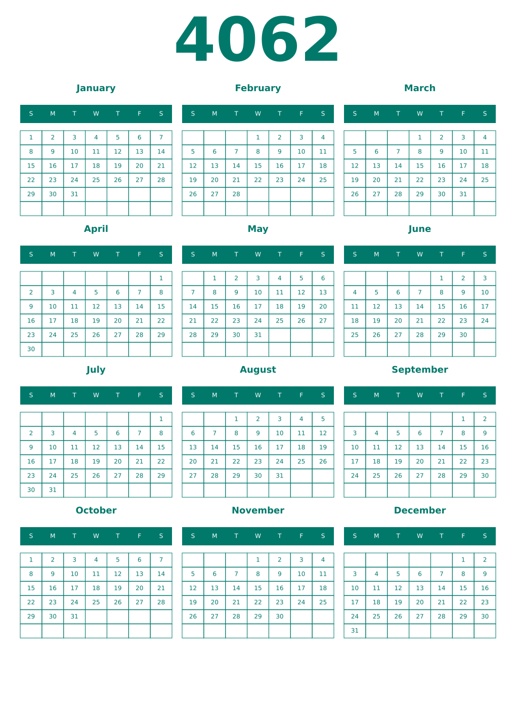 Printable 4062 Year Calendars pastel