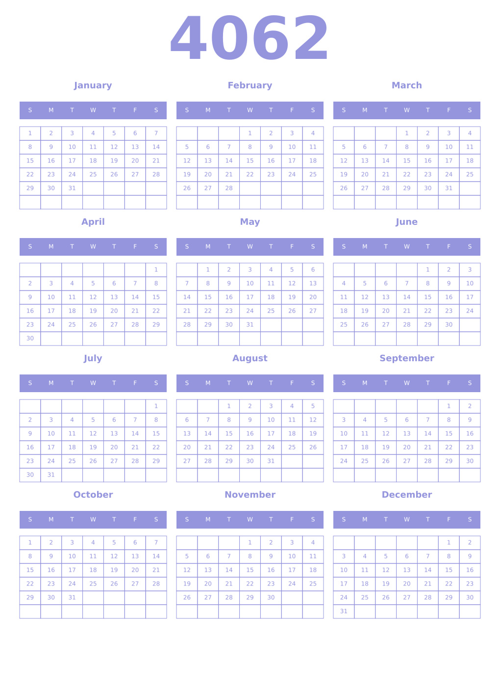 Printable 4062 Year Calendars periwinkle