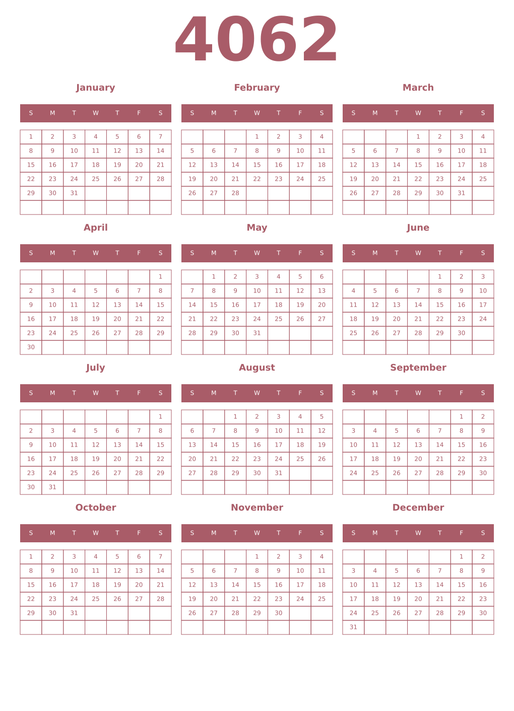 Printable 4062 Year Calendars puce
