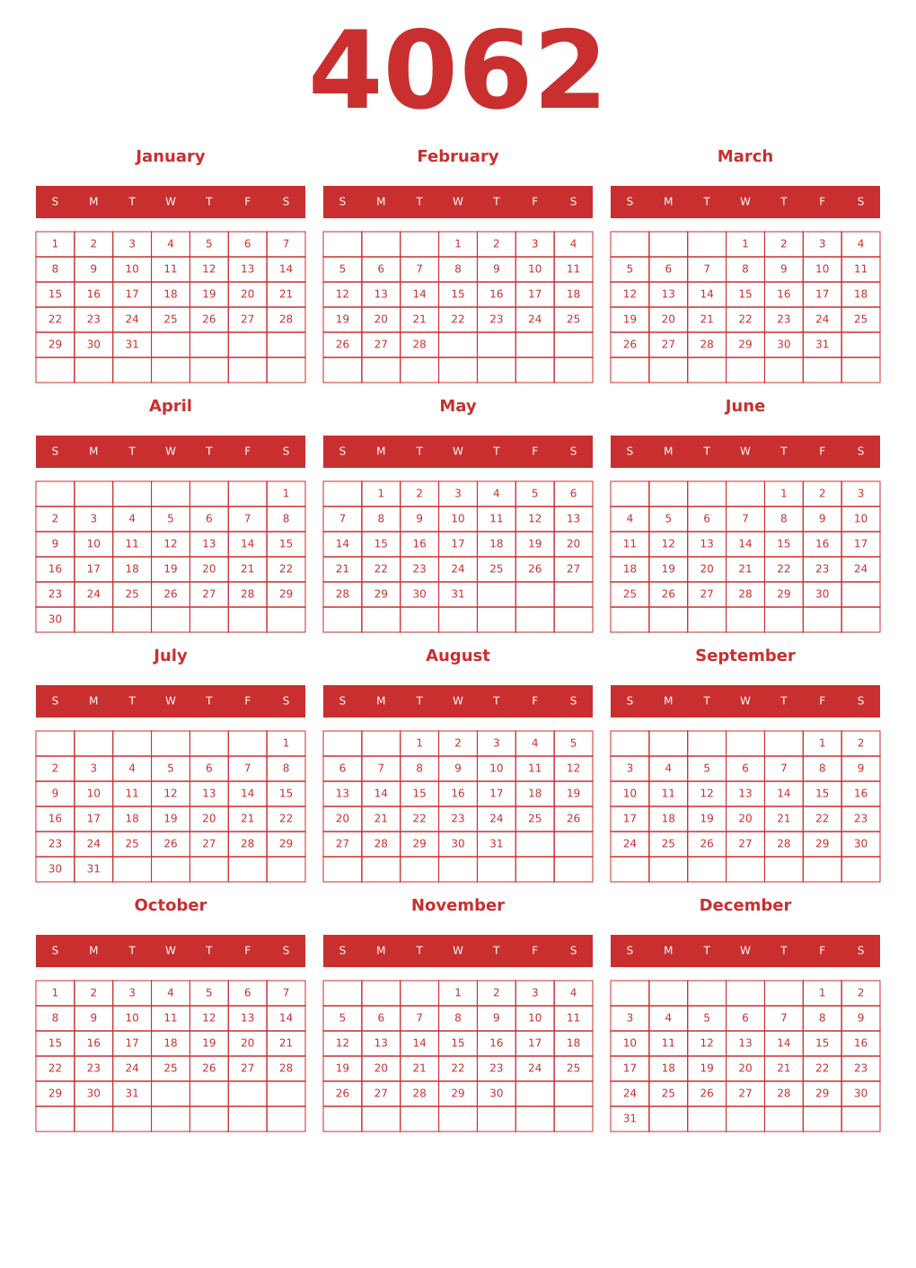 Printable 4062 Year Calendars red