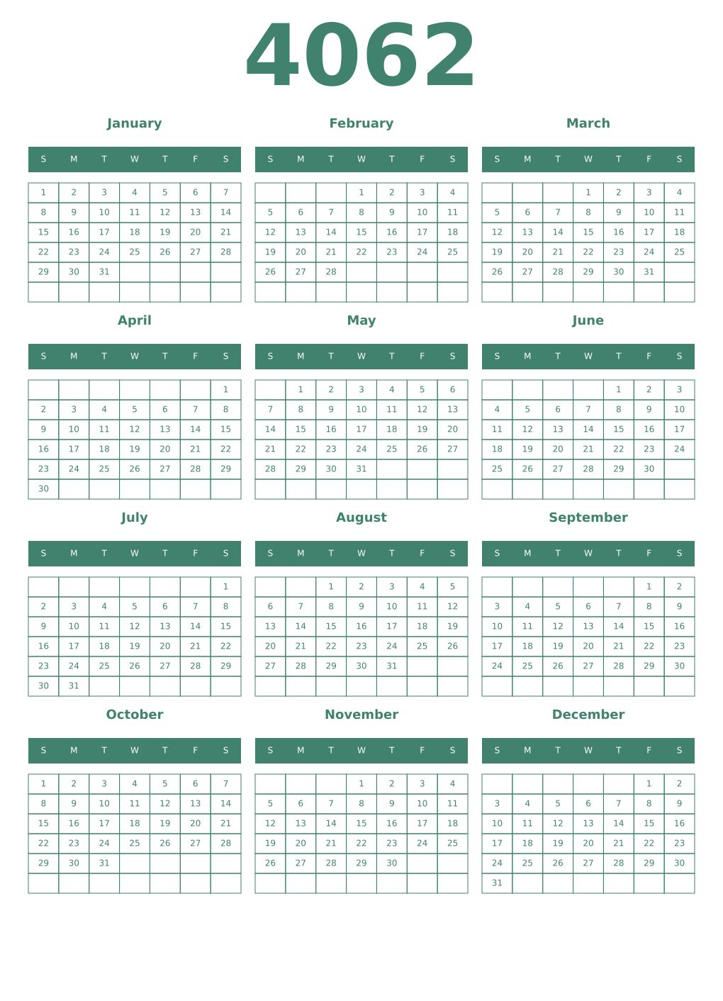 Printable 4062 Year Calendars viridian