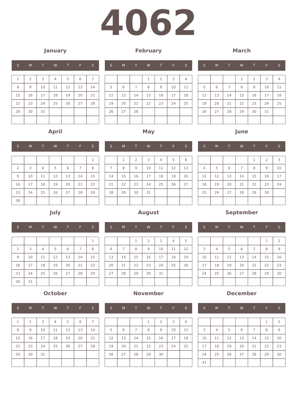 Printable 4062 Year Calendars wenge