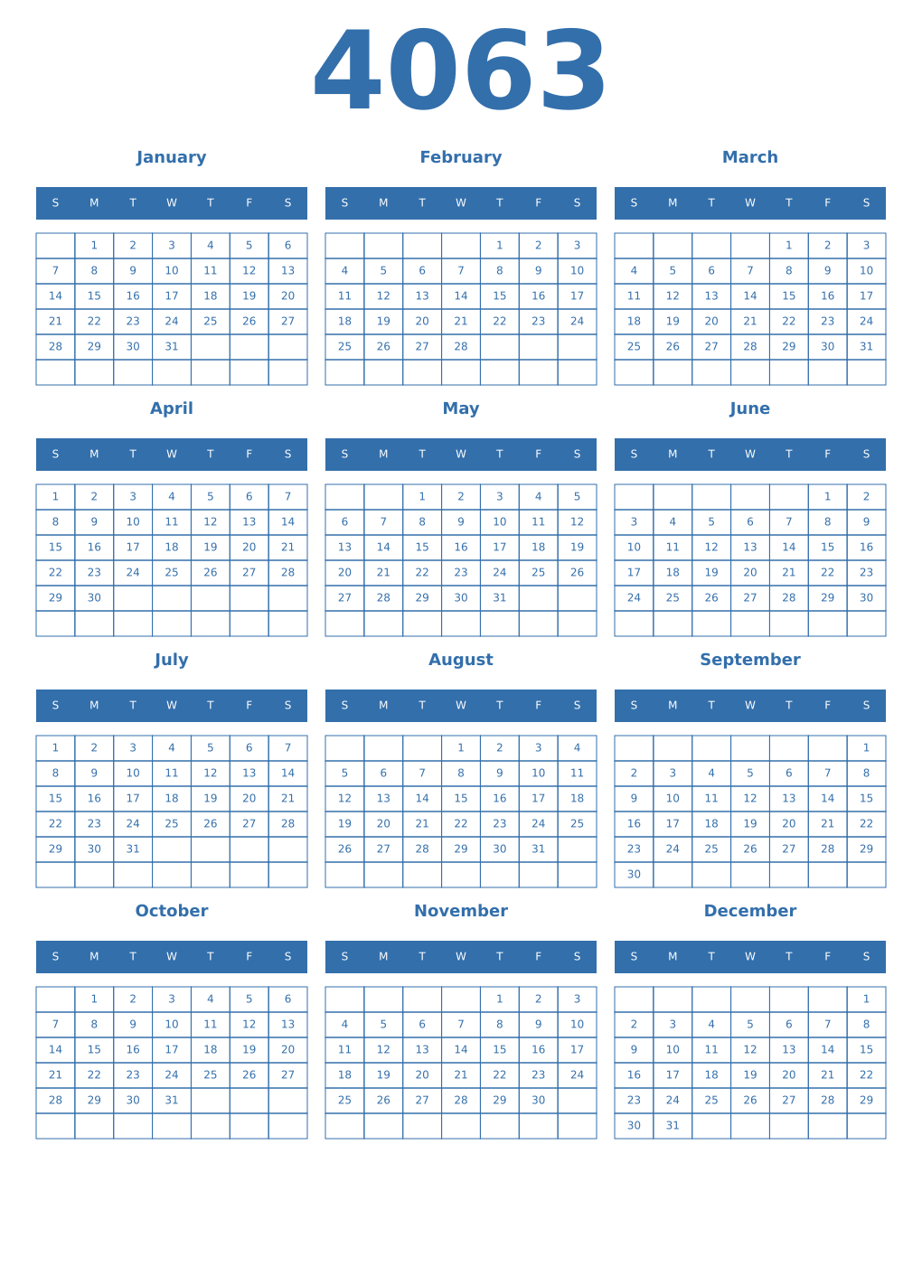 Printable 4063 Year Calendars blue