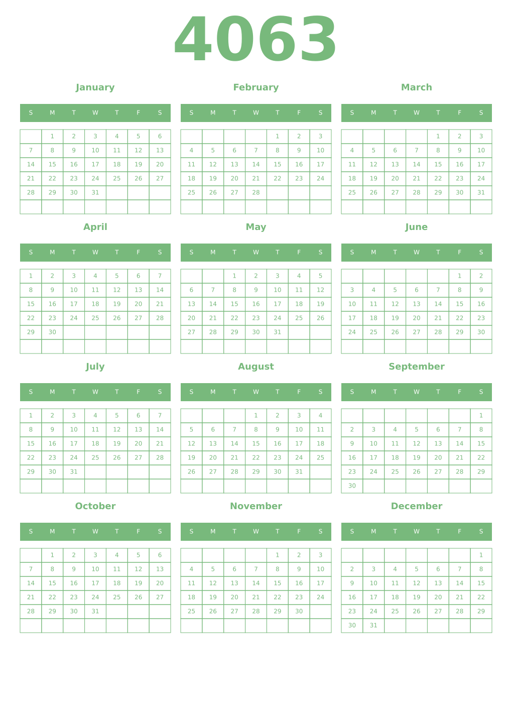 Printable 4063 Year Calendars celadon