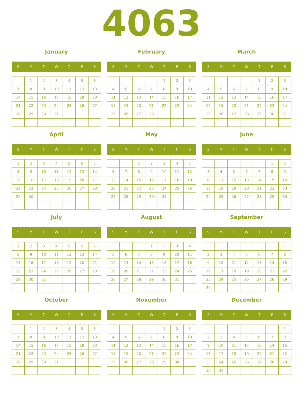 Printable 4063 Year Calendars chartreuse