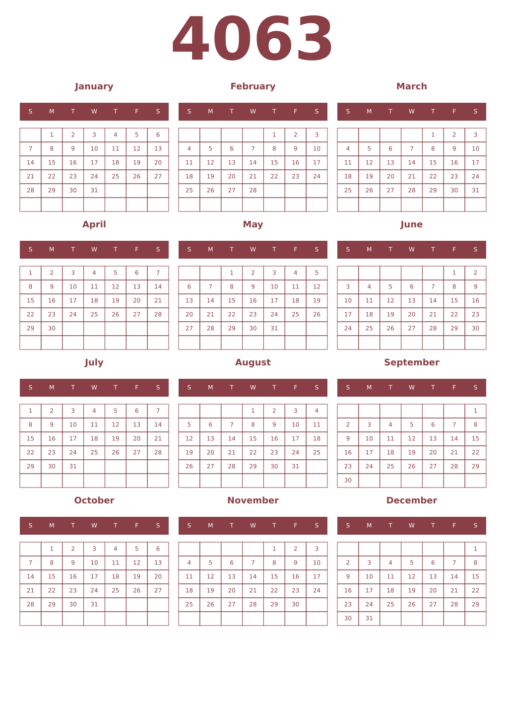 Printable 4063 Year Calendars cordovan