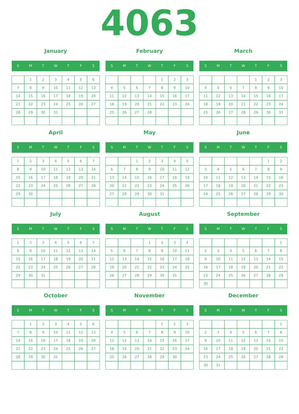 Printable 4063 Year Calendars green