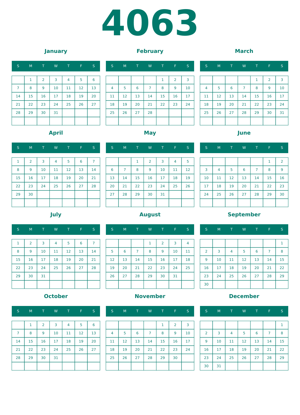 Printable 4063 Year Calendars pastel