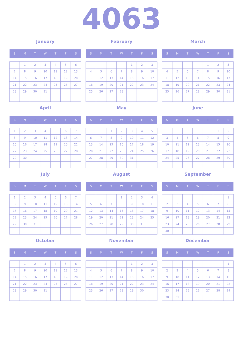 Printable 4063 Year Calendars periwinkle