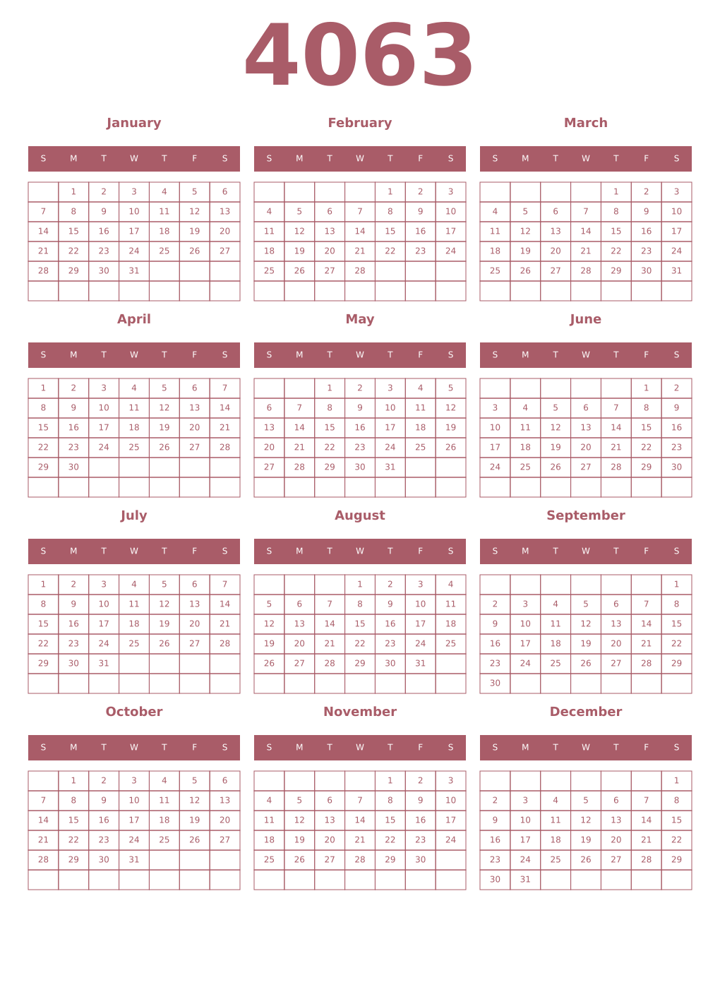 Printable 4063 Year Calendars puce