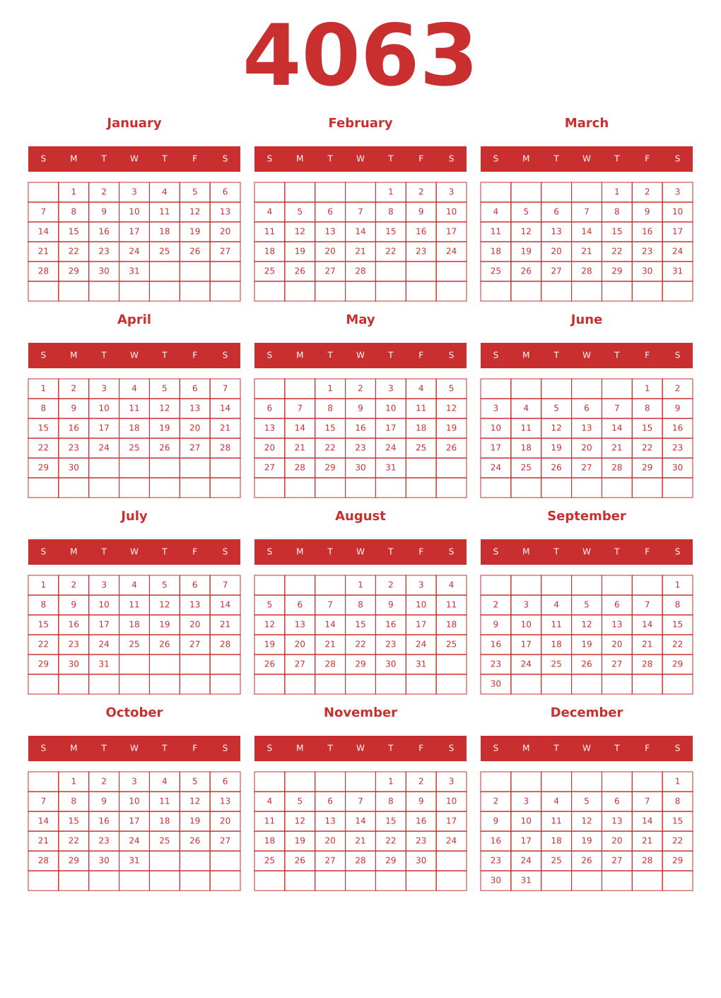 Printable 4063 Year Calendars red