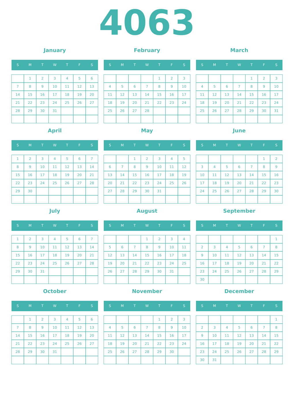 Printable 4063 Year Calendars verdigris