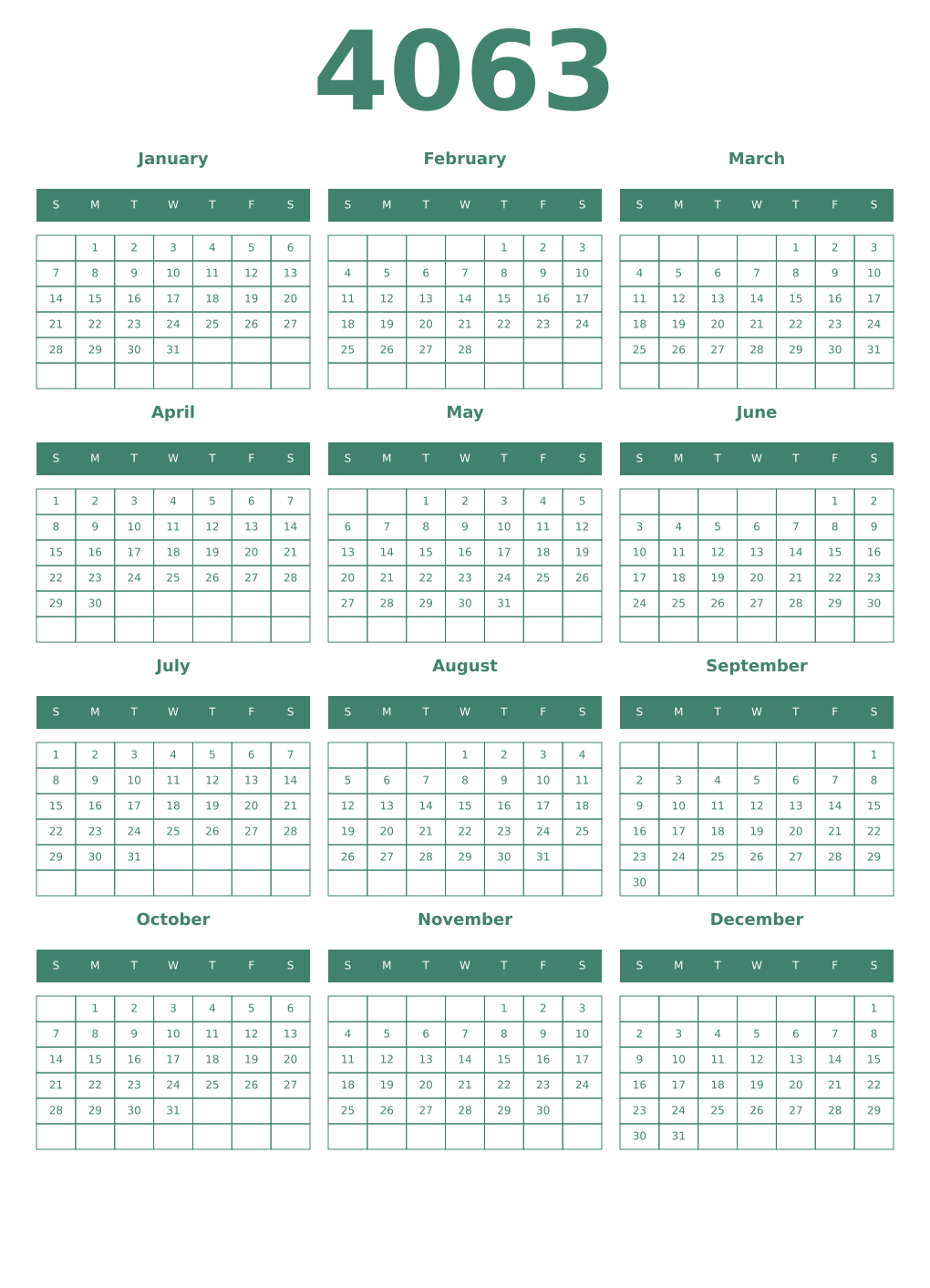 Printable 4063 Year Calendars viridian