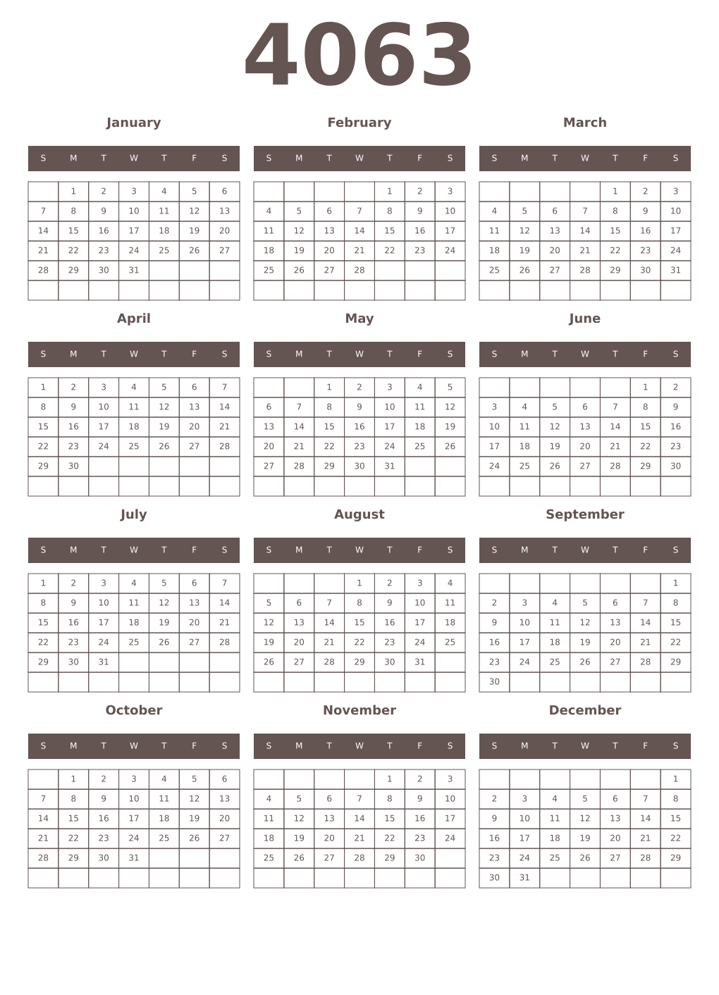 Printable 4063 Year Calendars wenge
