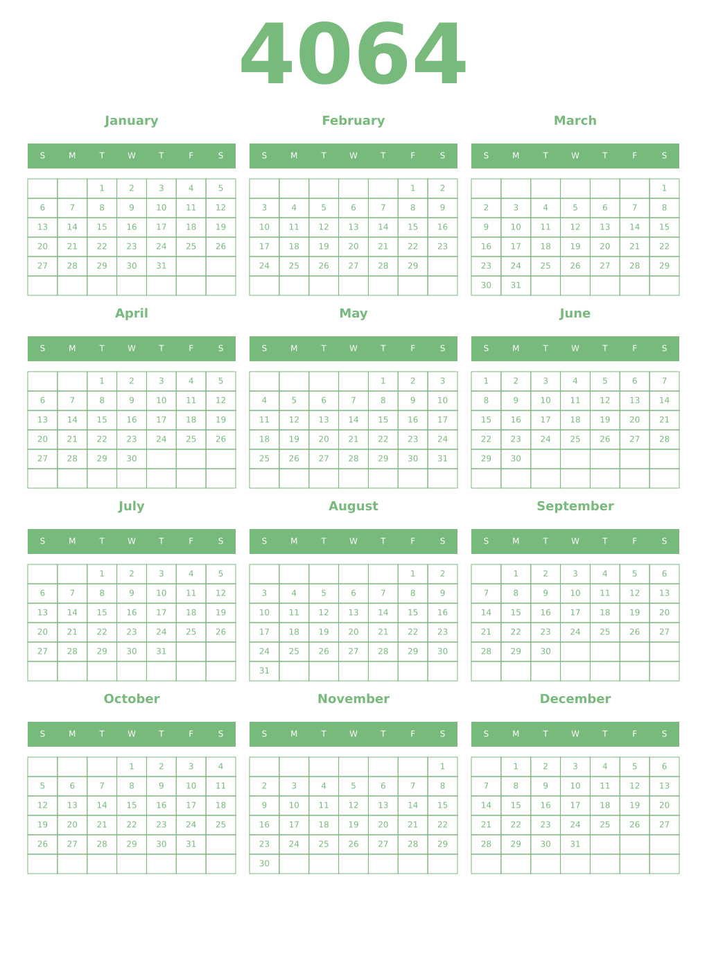 Printable 4064 Year Calendars celadon