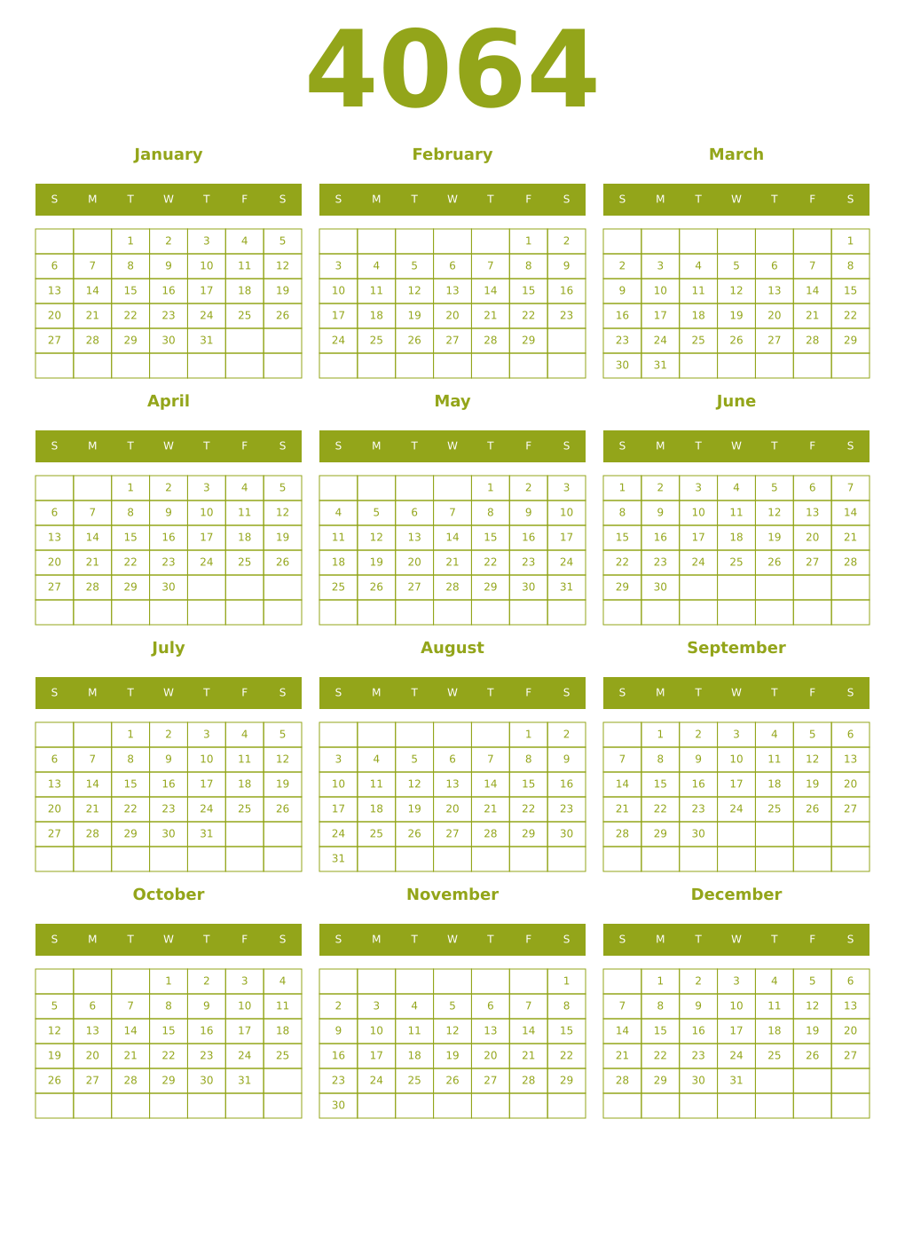 Printable 4064 Year Calendars chartreuse