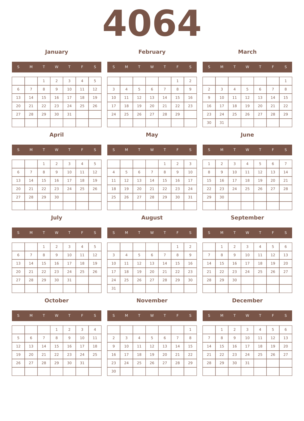 Printable 4064 Year Calendars coffe