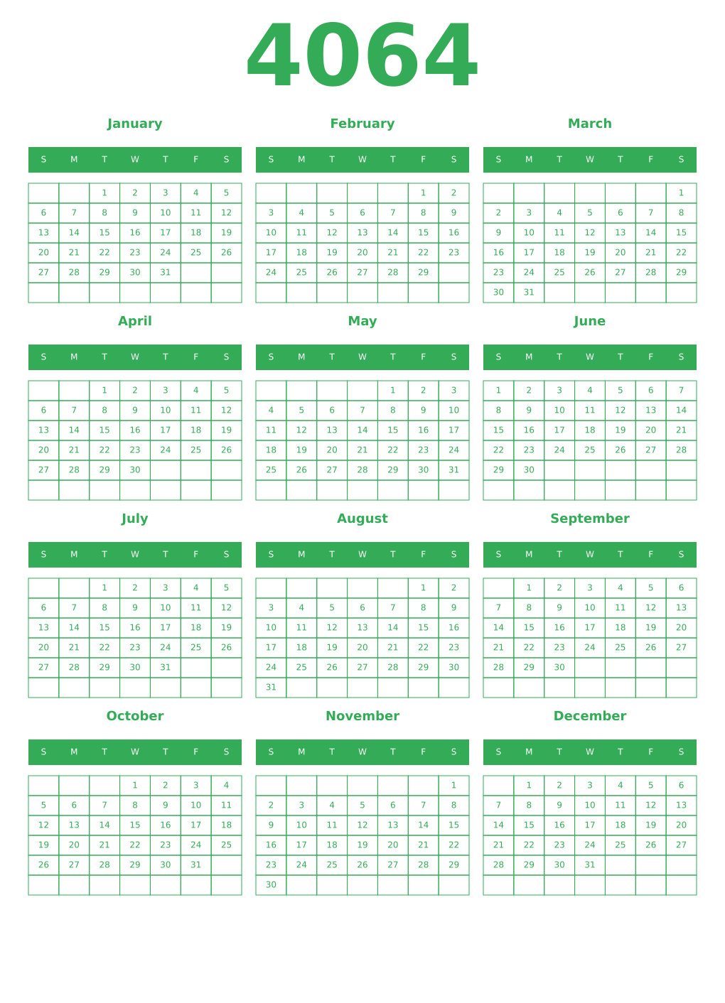Printable 4064 Year Calendars green