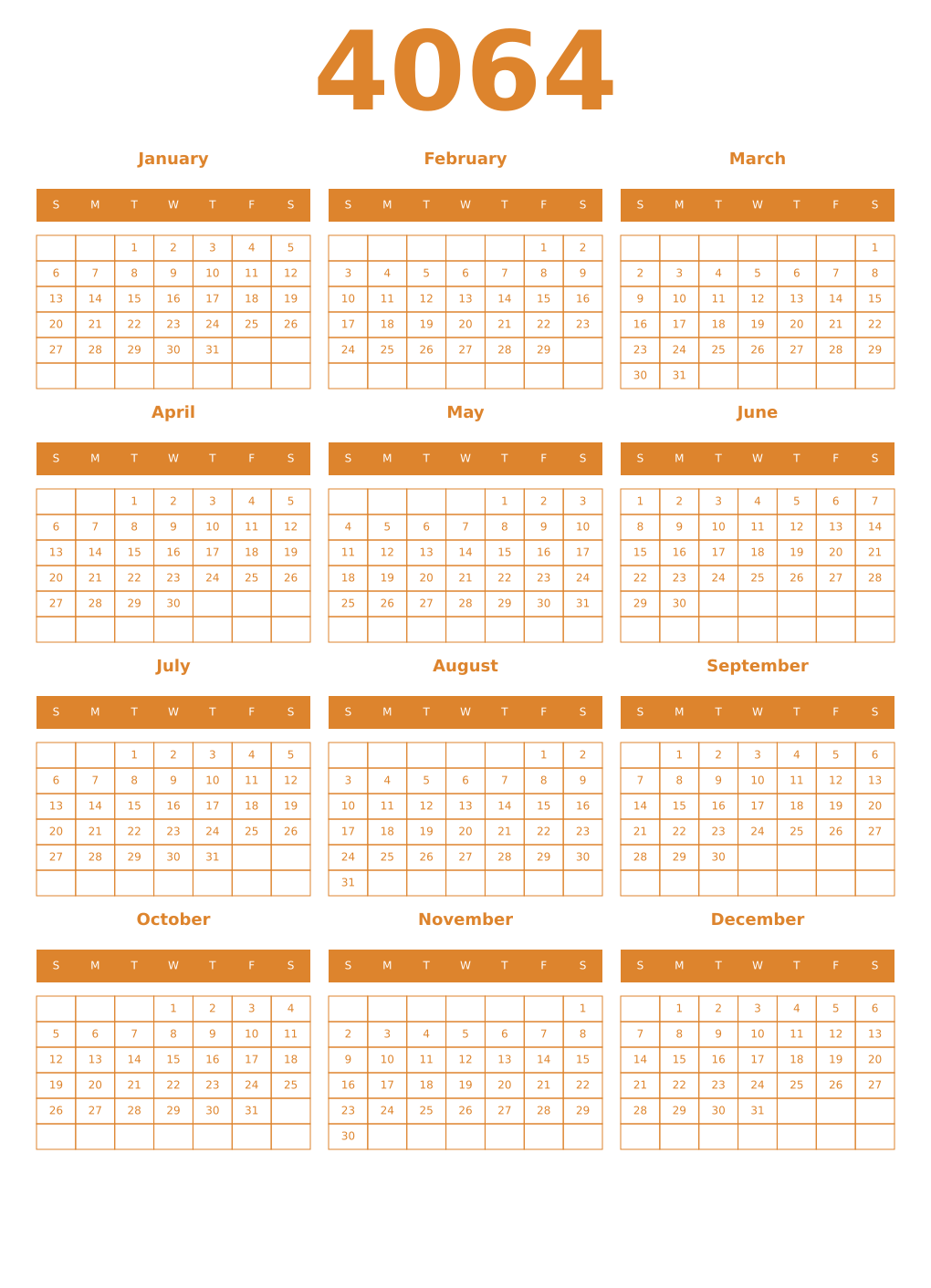 Printable 4064 Year Calendars orange