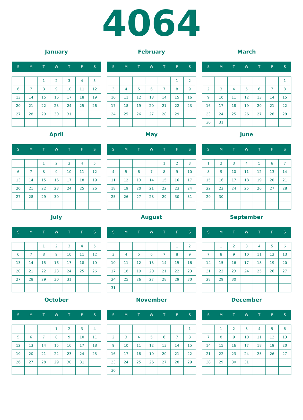 Printable 4064 Year Calendars pastel