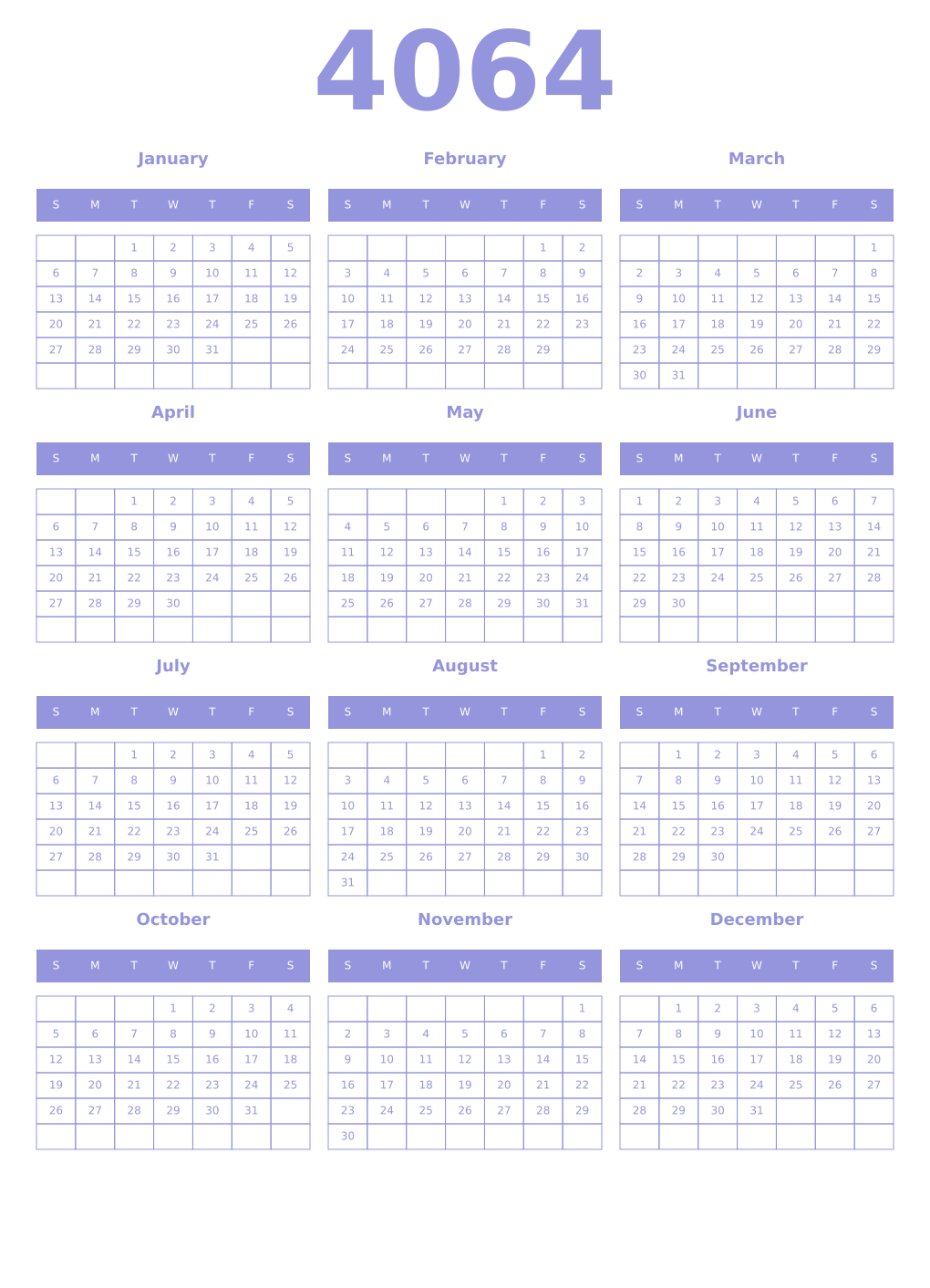 Printable 4064 Year Calendars periwinkle