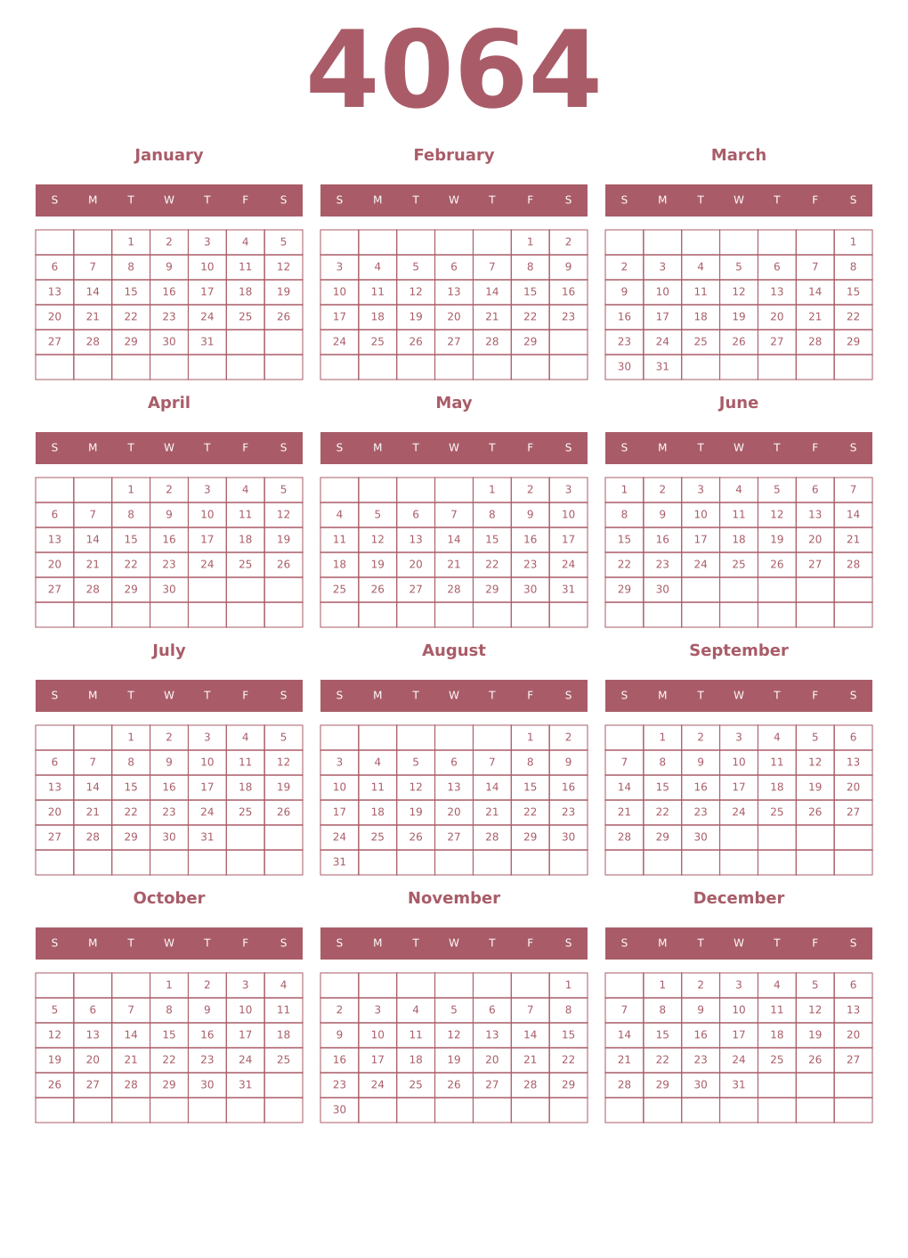 Printable 4064 Year Calendars puce