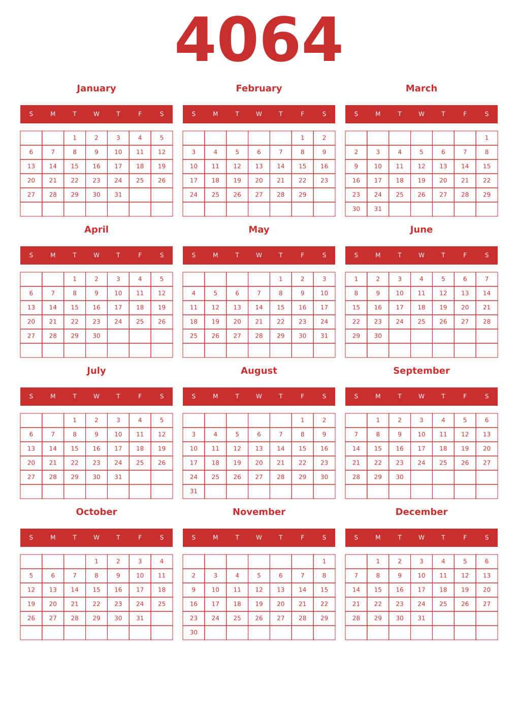 Printable 4064 Year Calendars red