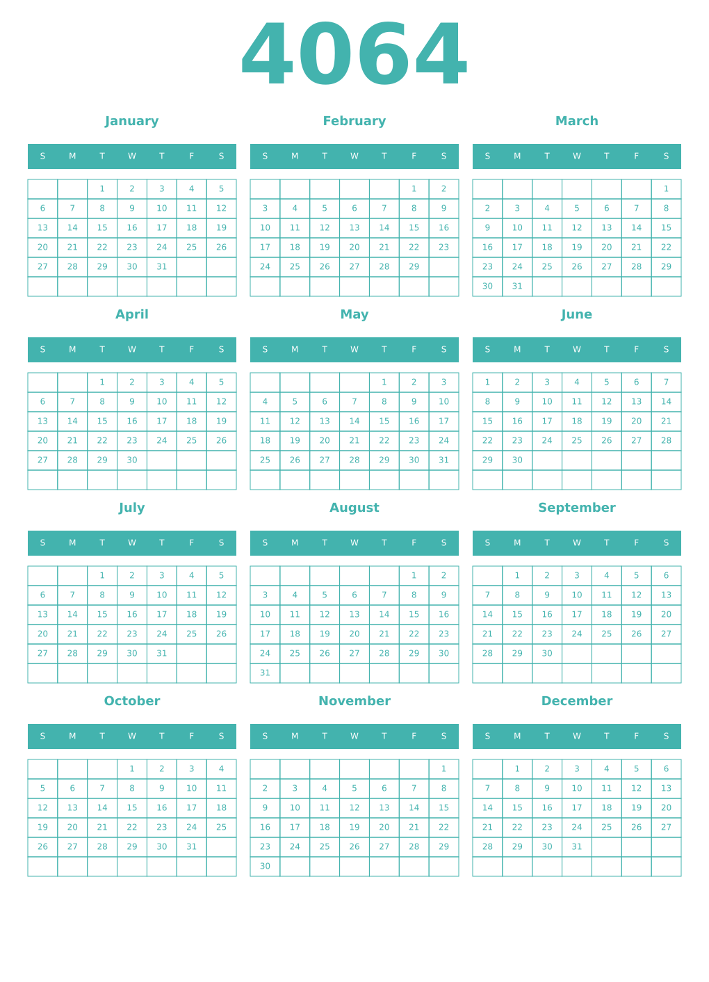 Printable 4064 Year Calendars verdigris