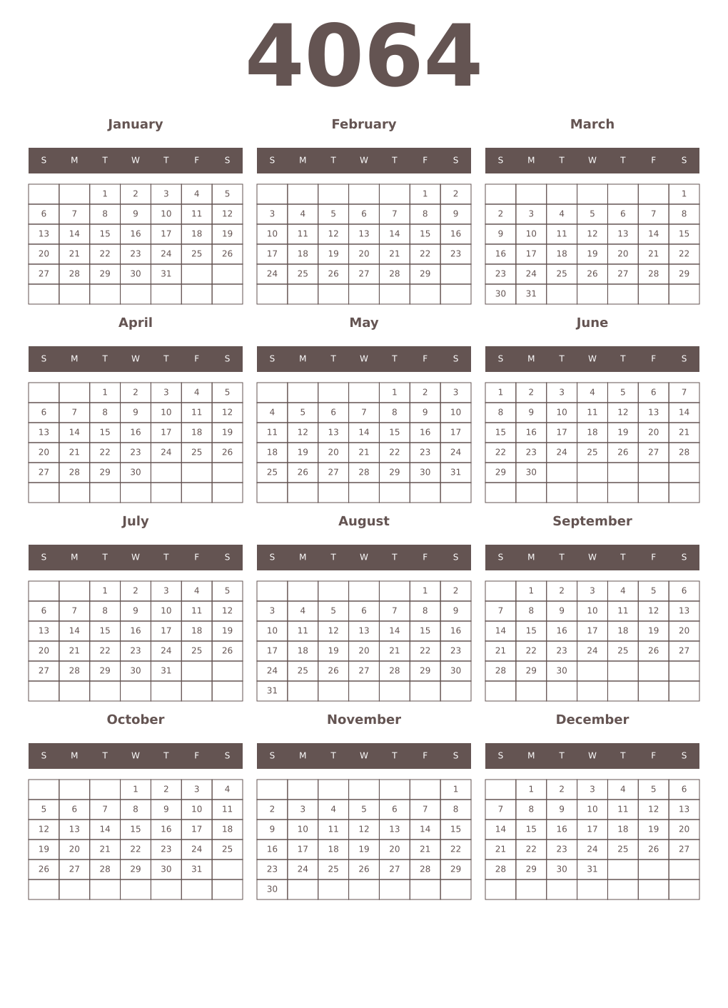Printable 4064 Year Calendars wenge