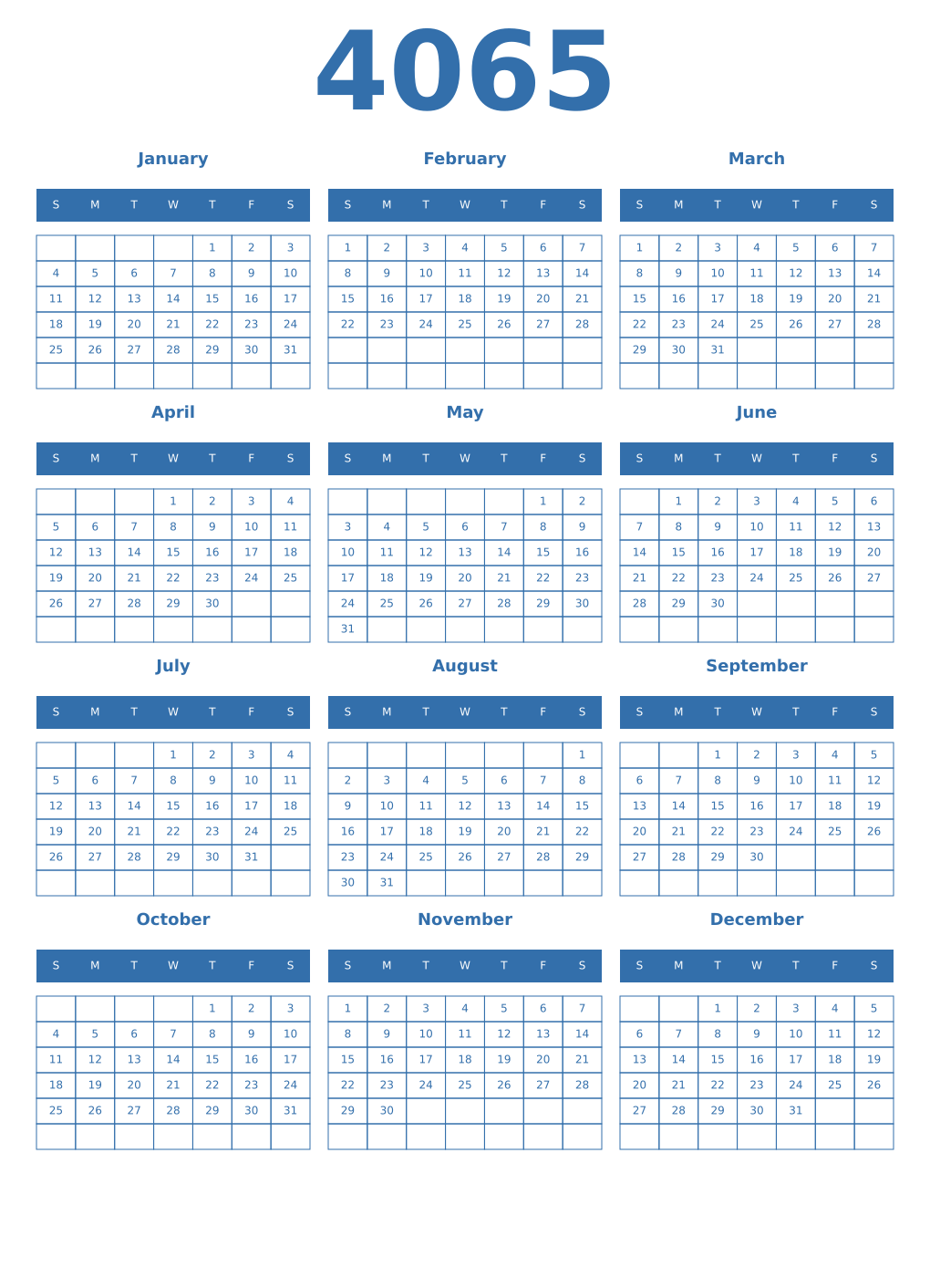 Printable 4065 Year Calendars blue